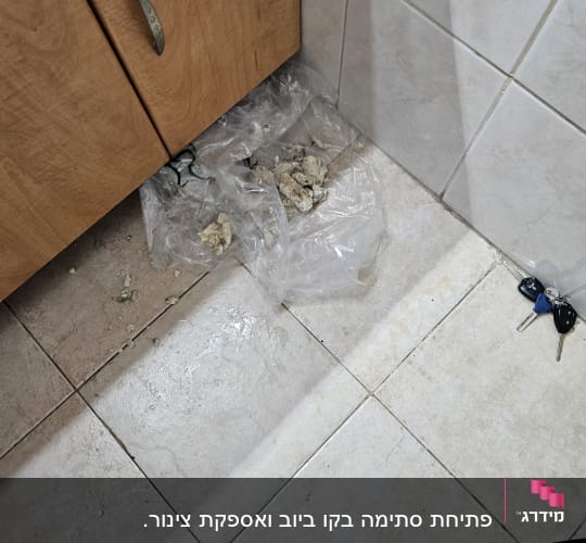 רצפה רטובה עם שקית ניילון וכלי עבודה של אינסטלטור
